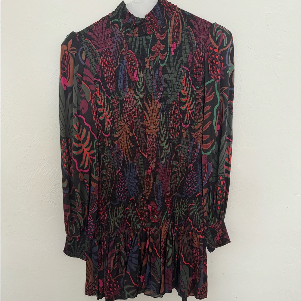Printed Long-Sleeve Mini Dress in Black and Pink